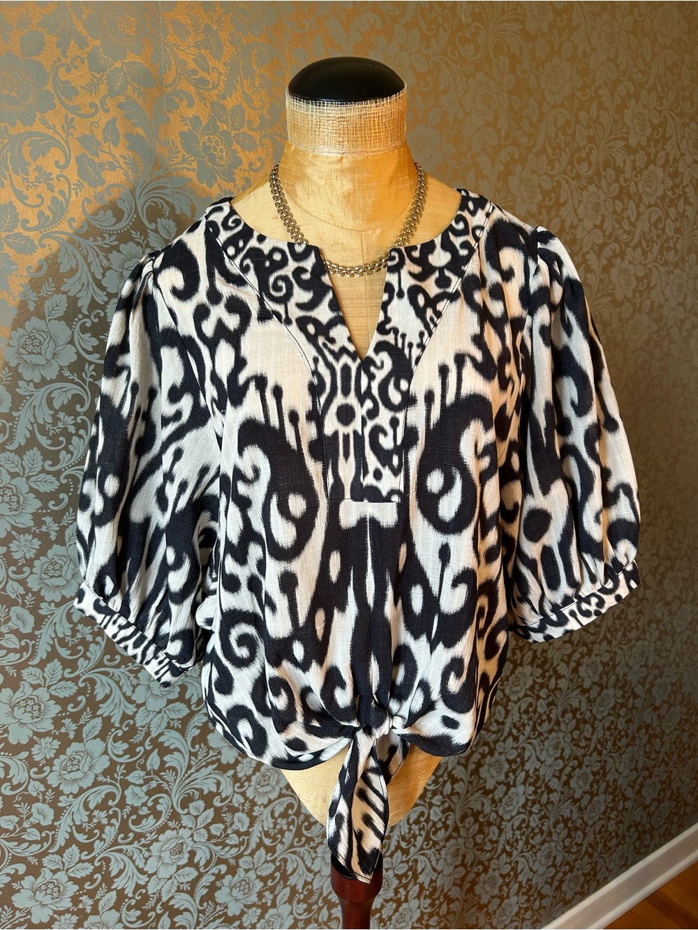 Rose + Olive Women’s Black and White Damask Ikat Print Blouse
